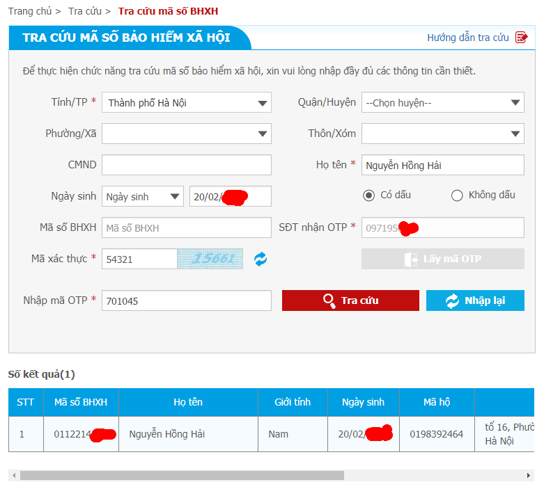 Kết quả tra cứu mã số BHXH