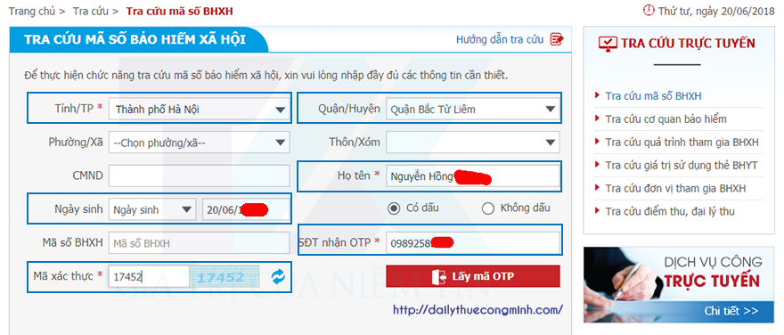 Nhập thông tin Tra cứu mã số BHXH