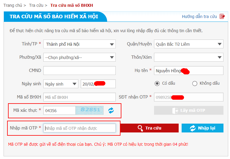 Cập nhật mã số OTP nhận được
